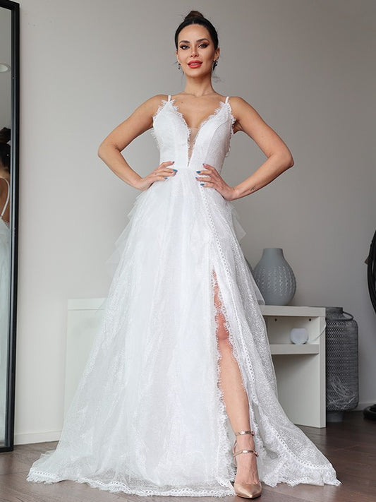 A-Line/Princess Lace Ruffles V-neck Sleeveless Sweep/Brush Train Wedding Dresses HEP0006454