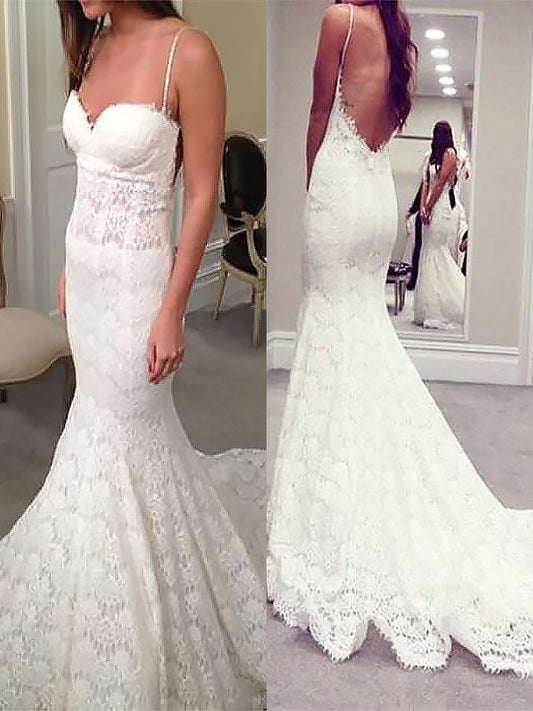 Trumpet/Mermaid Spaghetti Straps Court Train Lace Sleeveless Wedding Dresses HEP0006466