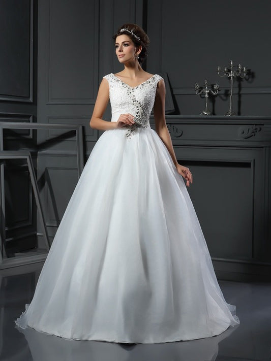 A-Line/Princess V-neck Beading Sleeveless Long Organza Wedding Dresses HEP0006619