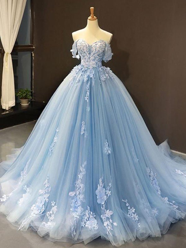 Ball Gown Tulle Off-the-Shoulder Sleeveless Applique Sweep/Brush Train Dresses HEP0001364