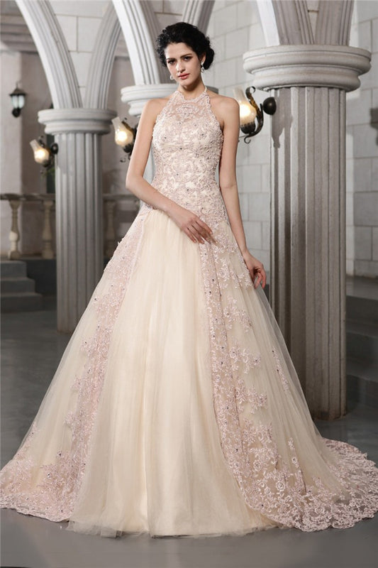 A-Line/Princess High Neck Sleeveless Beading Applique Long Net Wedding Dresses HEP0006620