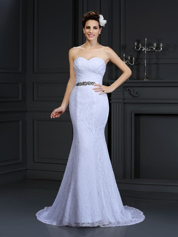 Trumpet/Mermaid Sweetheart Sleeveless Long Lace Wedding Dresses HEP0006624