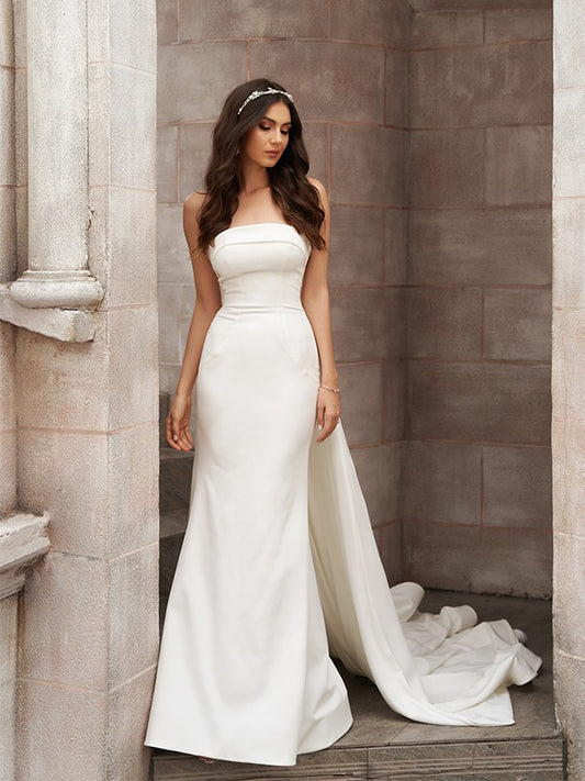 Sheath/Column Satin Ruched Strapless Sleeveless Court Train Wedding Dresses HEP0006447