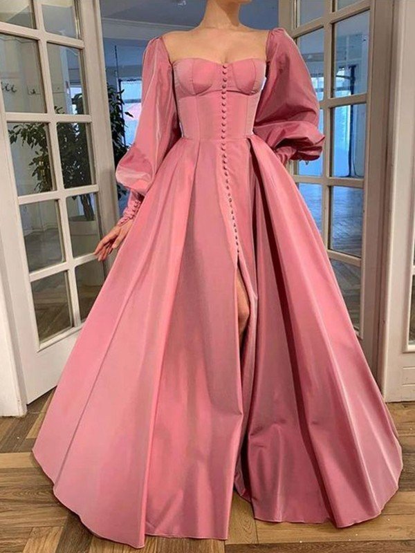 A-Line/Princess Long Sleeves Square Ruffles Satin Floor-Length Dresses HEP0001424