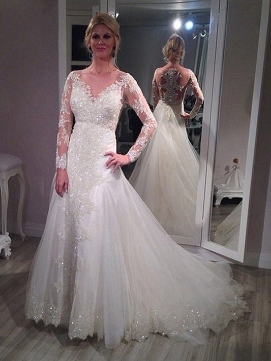 A-Line/Princess V-neck Sweep/Brush Train Long Sleeves Sequin Tulle Wedding Dresses HEP0006458