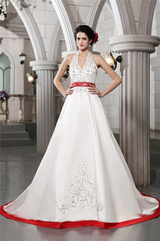 A-Line/Princess V-neck Sleeveless Beading Embroidery Long Satin Wedding Dresses HEP0006621