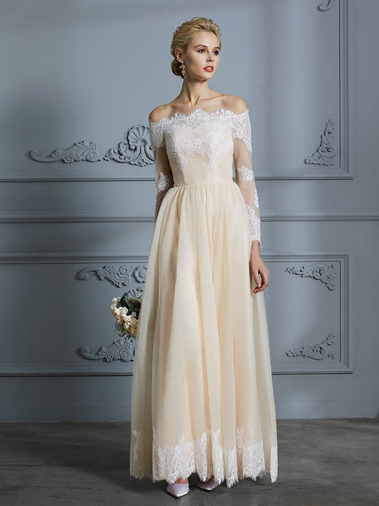 A-Line/Princess Off-the-Shoulder Long Sleeves Floor-Length Lace Tulle Wedding Dresses HEP0006638