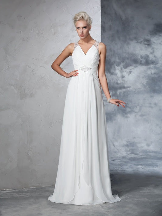 A-Line/Princess V-neck Ruched Sleeveless Long Chiffon Wedding Dresses HEP0006630