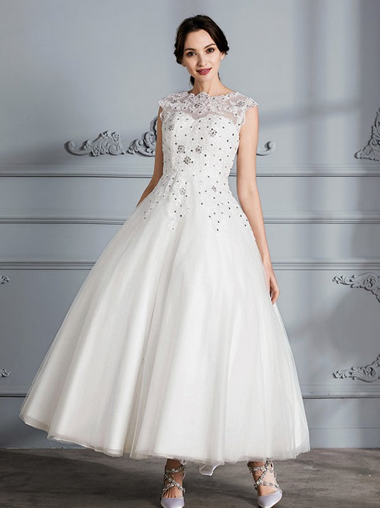 Ball Gown Scoop Sleeveless Tea-Length Tulle Wedding Dresses HEP0006628