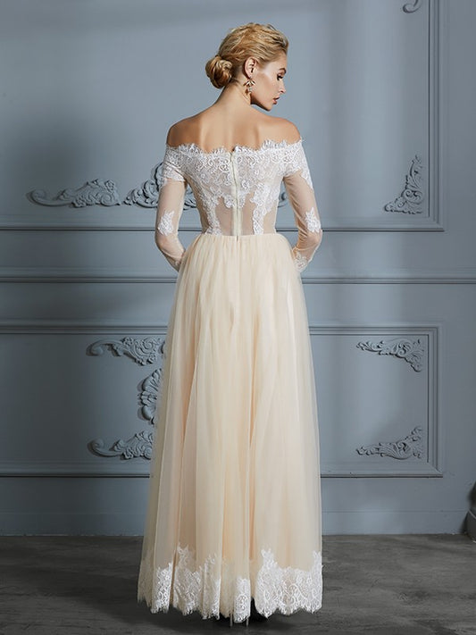 A-Line/Princess Off-the-Shoulder Long Sleeves Floor-Length Lace Tulle Wedding Dresses HEP0006638