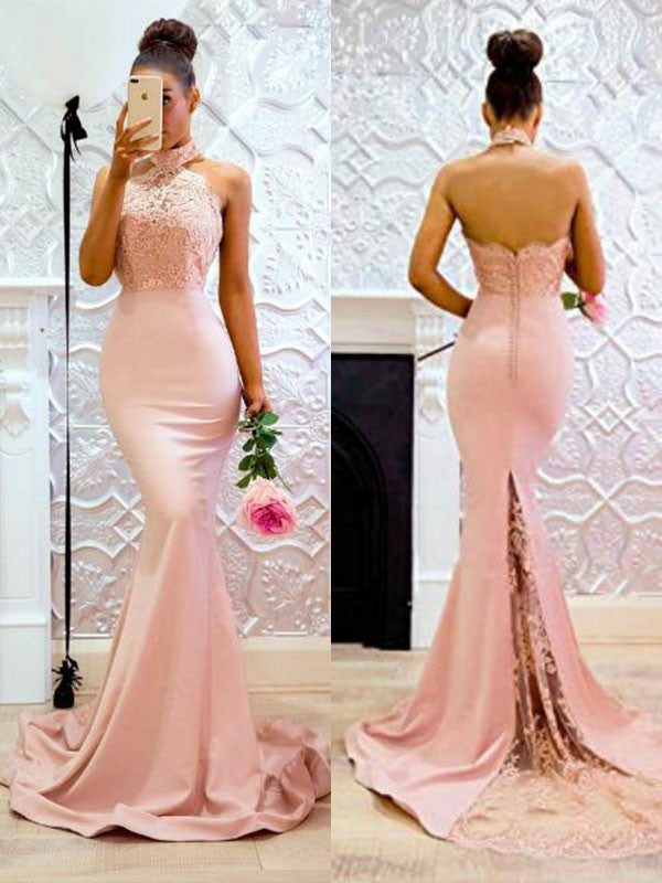 Trumpet/Mermaid Sleeveless Halter Sweep/Brush Train Lace Charmeuse Dresses HEP0002248