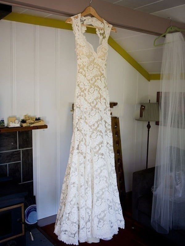 Sheath/Column Sleeveless Lace V-neck Sweep/Brush Train Wedding Dresses HEP0006052