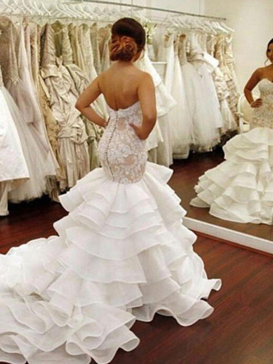 Trumpet/Mermaid Sleeveless Sweetheart Chapel Train Ruffles Applique Lace Organza Wedding Dresses HEP0006468