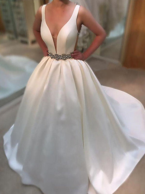 A-Line/Princess Court Train Satin V-neck Sleeveless Wedding Dresses HEP0006163