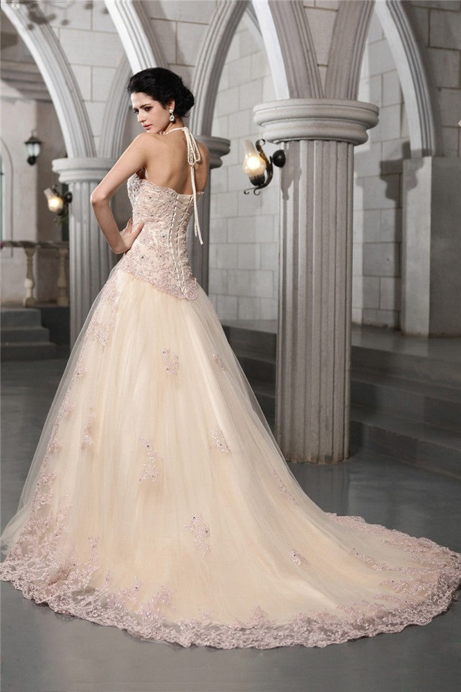 A-Line/Princess High Neck Sleeveless Beading Applique Long Net Wedding Dresses HEP0006620