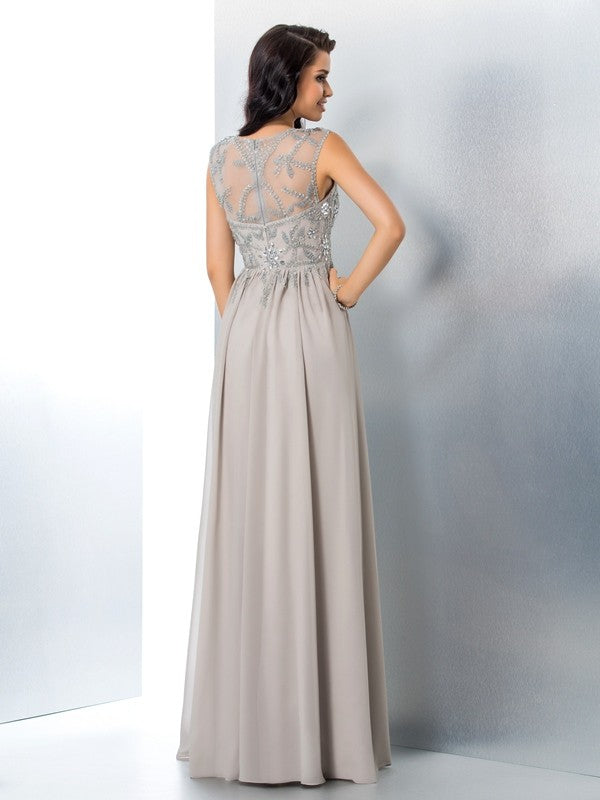 A-Line/Princess Sheer Neck Beading Sleeveless Long Chiffon Dresses HEP0002696