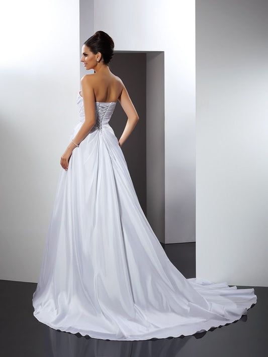 A-Line/Princess Sweetheart Ruffles Sleeveless Long Taffeta Wedding Dresses HEP0006627