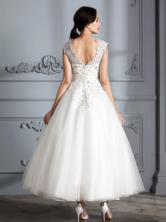 Ball Gown Scoop Sleeveless Tea-Length Tulle Wedding Dresses HEP0006628