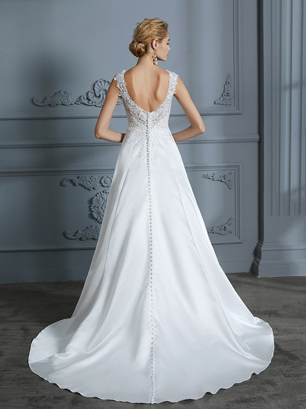 A-Line/Princess V-neck Sweep/Brush Train Sleeveless Applique Satin Wedding Dresses HEP0006626