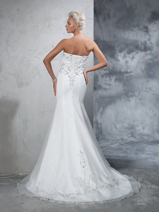 Trumpet/Mermaid Sweetheart Beading Sleeveless Long Satin Wedding Dresses HEP0006464