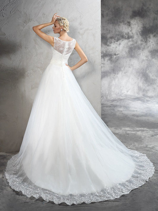 Ball Gown Sheer Neck Sash/Ribbon/Belt Sleeveless Long Net Wedding Dresses HEP0006639