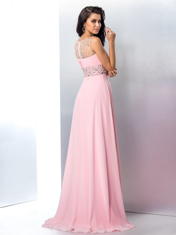 A-Line/Princess Sheer Neck Beading Sleeveless Long Chiffon Dresses HEP0002652