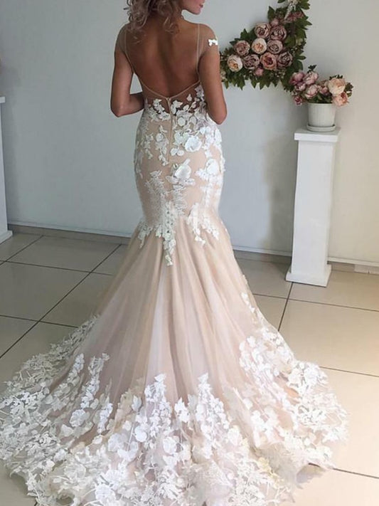 Trumpet/Mermaid Tulle Applique Bateau Short Sleeves Sweep/Brush Train Wedding Dresses HEP0006461