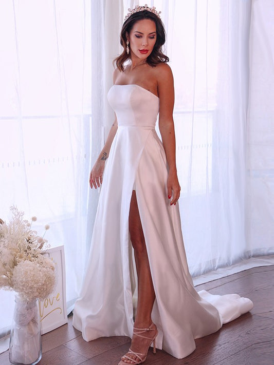 A-Line/Princess Satin Ruffles Strapless Sleeveless Sweep/Brush Train Wedding Dresses HEP0006459