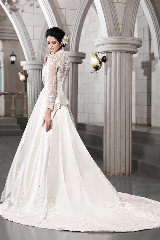 A-Line/Princess Long Sleeves Beading Applique Long Satin Wedding Dresses HEP0006637