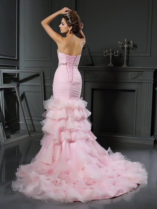 Trumpet/Mermaid Sweetheart Beading Sleeveless Long Organza Wedding Dresses HEP0006632