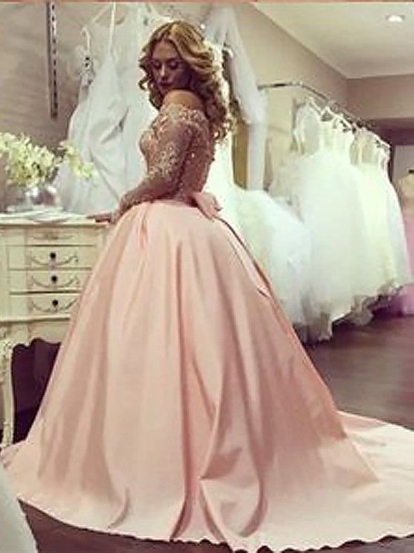 Ball Gown Long Sleeves Off-the-Shoulder Beading Satin Court Train Dresses HEP0001593