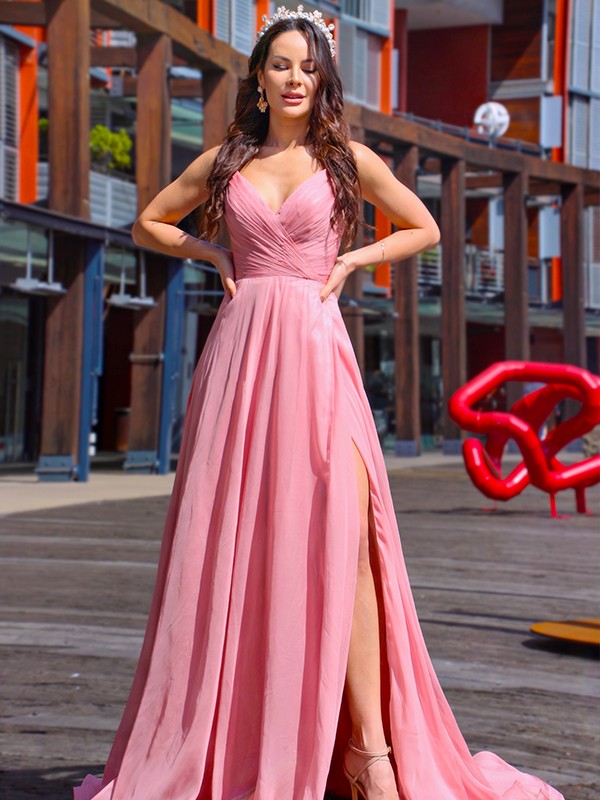 A-Line/Princess Chiffon Ruched Spaghetti Straps Sleeveless Sweep/Brush Train Dresses HEP0001551