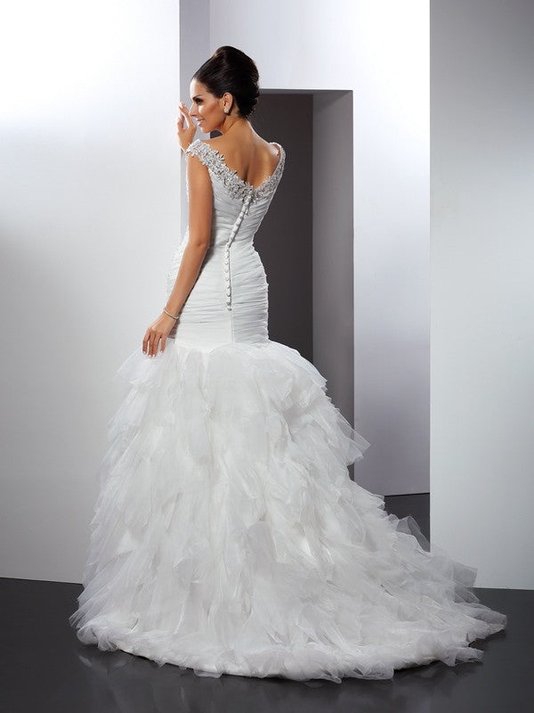 Trumpet/Mermaid V-neck Applique Sleeveless Long Tulle Wedding Dresses HEP0006631