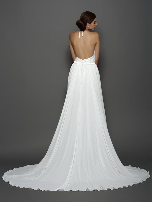 A-Line/Princess High Neck Lace Sleeveless Long Chiffon Wedding Dresses HEP0006617