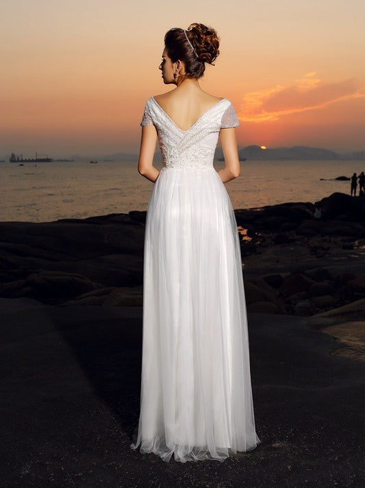 A-Line/Princess Off-the-Shoulder Beading Short Sleeves Long Tulle Beach Wedding Dresses HEP0006636