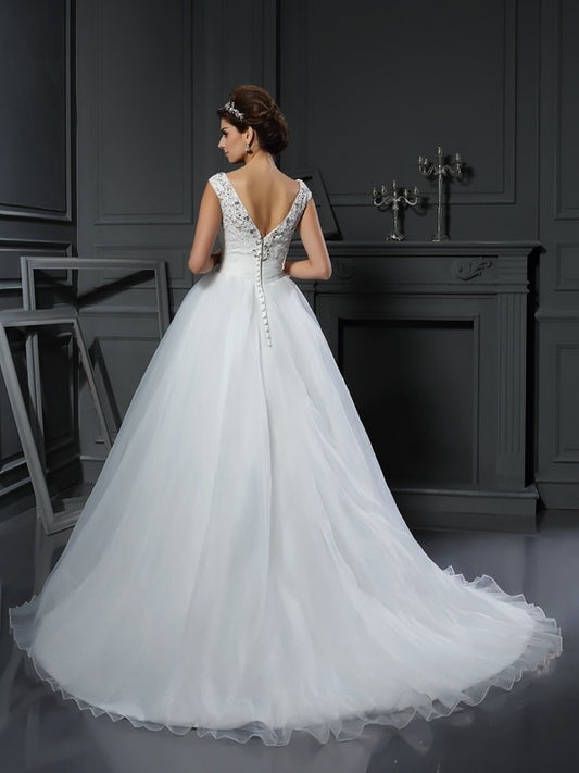 A-Line/Princess V-neck Beading Sleeveless Long Organza Wedding Dresses HEP0006619