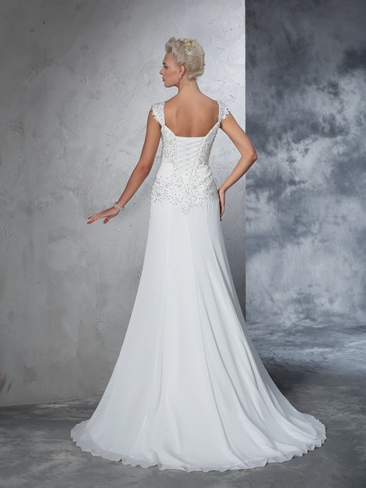 A-Line/Princess Straps Beading Sleeveless Long Chiffon Wedding Dresses HEP0006465