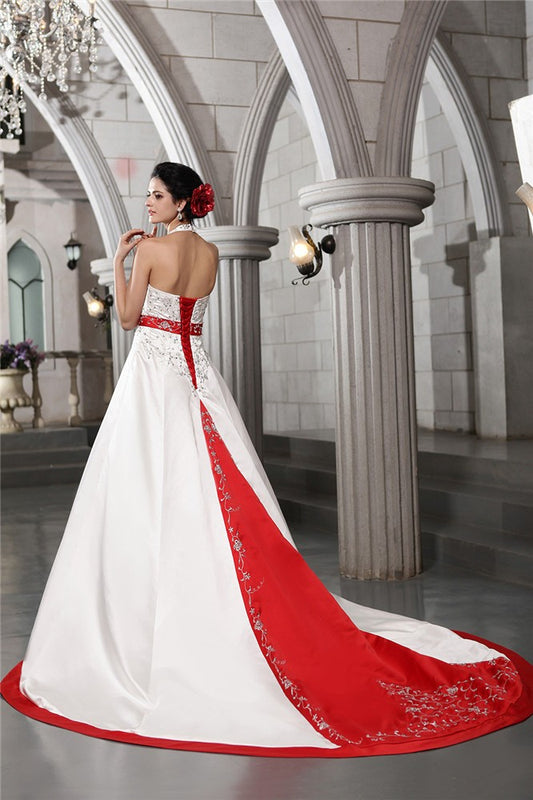 A-Line/Princess V-neck Sleeveless Beading Embroidery Long Satin Wedding Dresses HEP0006621