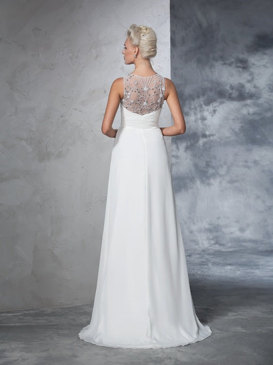 A-Line/Princess V-neck Ruched Sleeveless Long Chiffon Wedding Dresses HEP0006630