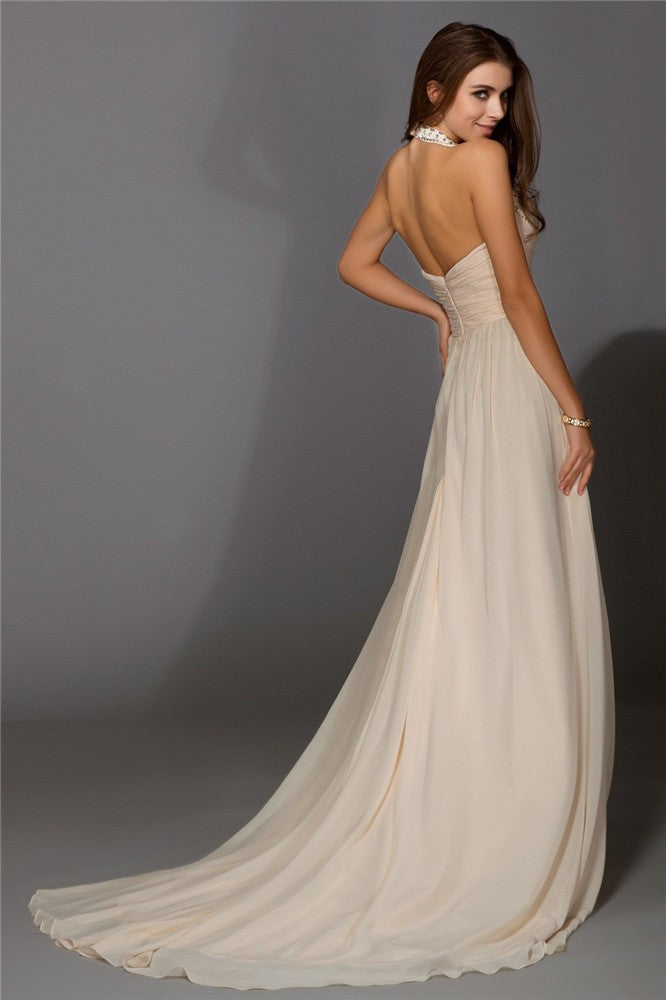 Sheath/Column V-neck Beading Sleeveless Long Chiffon Dresses HEP0002640