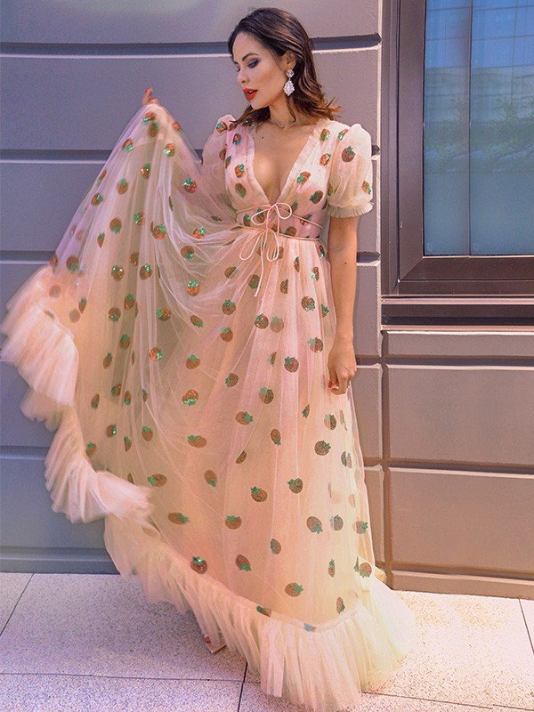 A-Line/Princess Tulle Ruffles V-neck Short Sleeves Floor-Length Dresses HEP0001502