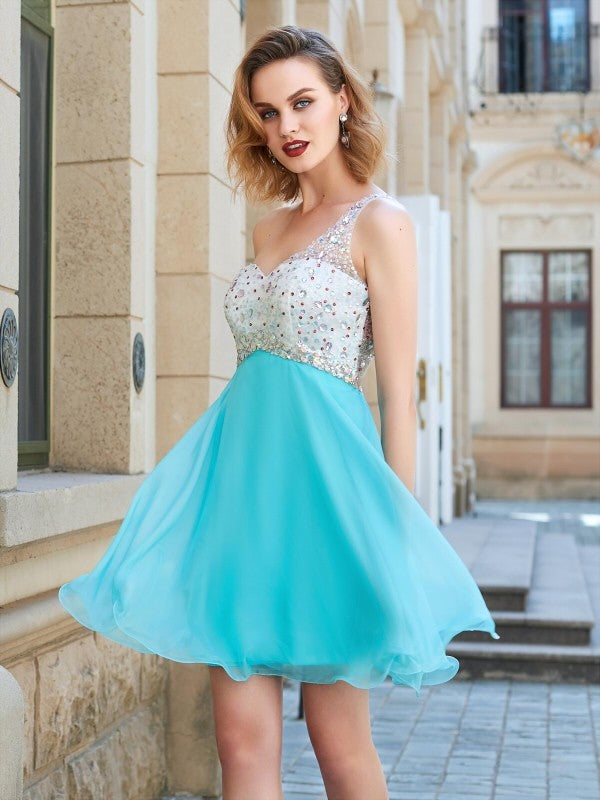 A-line/Princess Sleeveless One-Shoulder Beading Chiffon Short/Mini Dresses HEP0008987