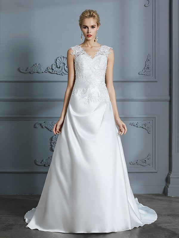 A-Line/Princess V-neck Sweep/Brush Train Sleeveless Applique Satin Wedding Dresses HEP0006626