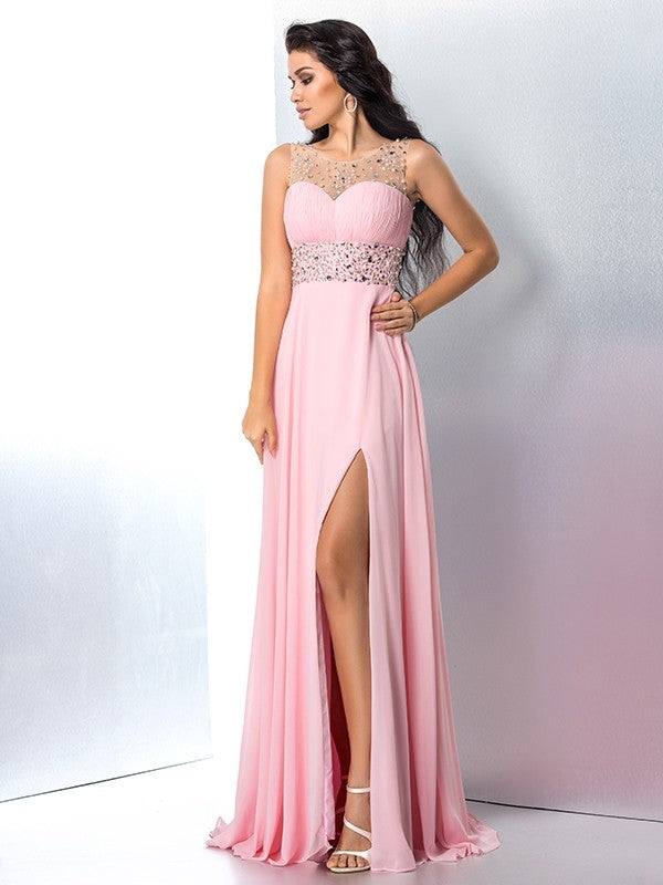 A-Line/Princess Sheer Neck Beading Sleeveless Long Chiffon Dresses HEP0002652