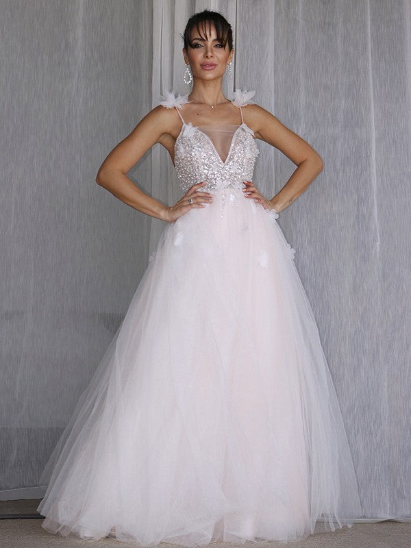 A-Line/Princess V-neck Beading Sleeveless Tulle Floor-Length Wedding Dresses HEP0006108