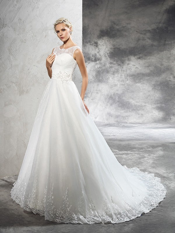 Ball Gown Sheer Neck Sash/Ribbon/Belt Sleeveless Long Net Wedding Dresses HEP0006639