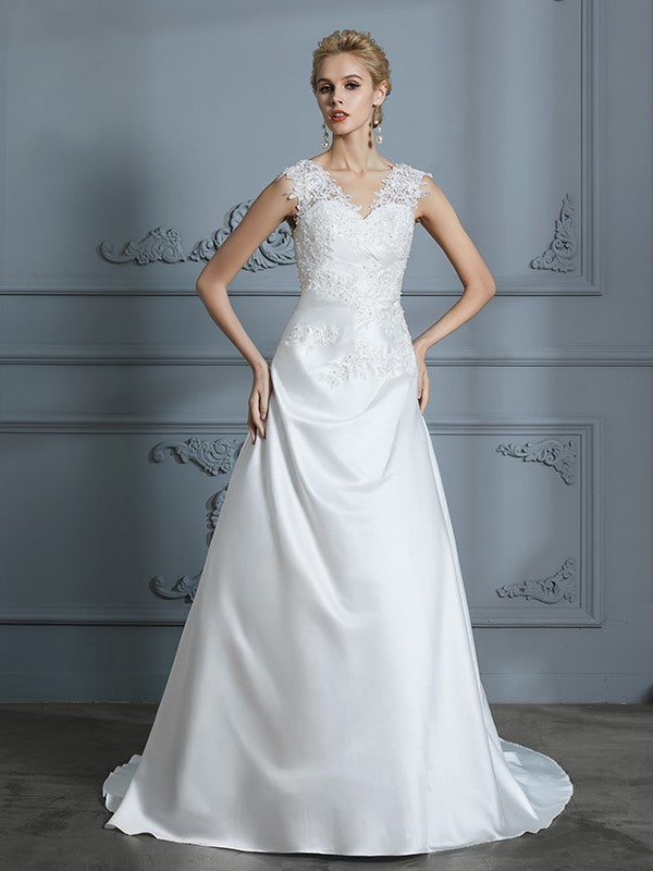 A-Line/Princess V-neck Sweep/Brush Train Sleeveless Applique Satin Wedding Dresses HEP0006626