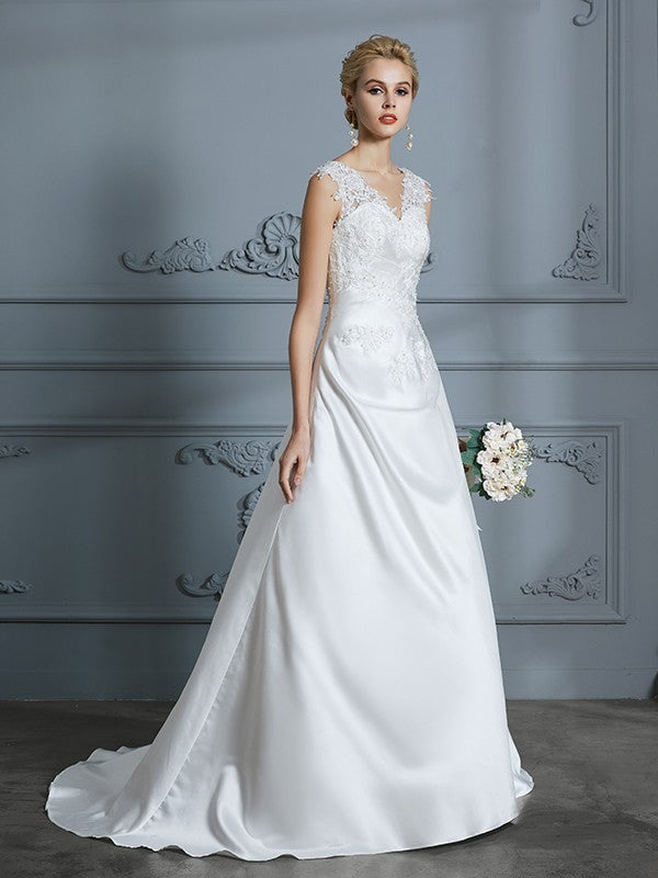 A-Line/Princess V-neck Sweep/Brush Train Sleeveless Applique Satin Wedding Dresses HEP0006626