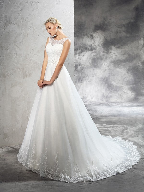 Ball Gown Sheer Neck Sash/Ribbon/Belt Sleeveless Long Net Wedding Dresses HEP0006639