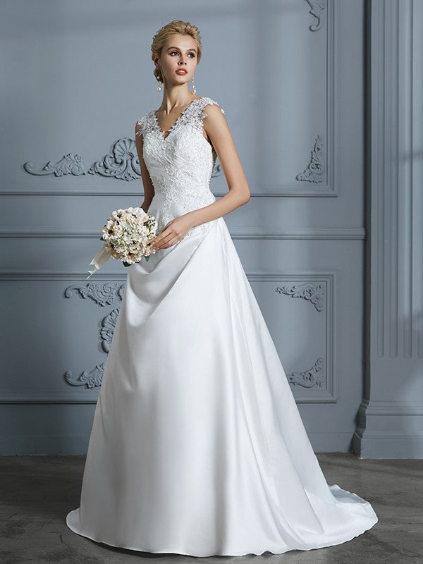 A-Line/Princess V-neck Sweep/Brush Train Sleeveless Applique Satin Wedding Dresses HEP0006626